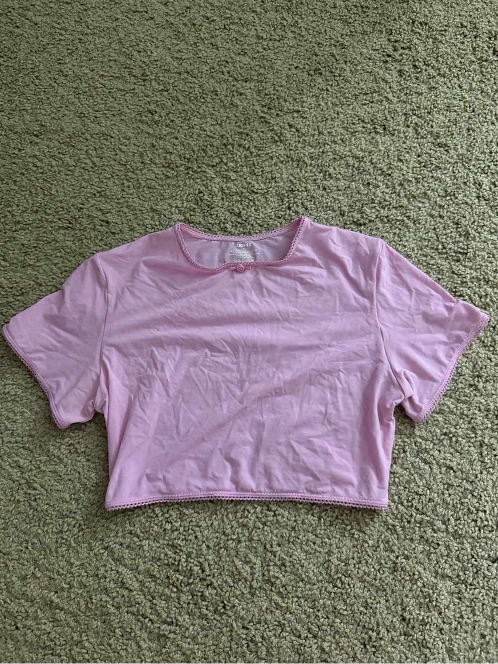 SKIMS Limited Edition Light Pink Cropped Short-Sleeve Top with Lace Trim